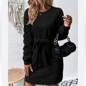 NWT SHEIN Ruched Sleeve Belted Sweatshirt Dress